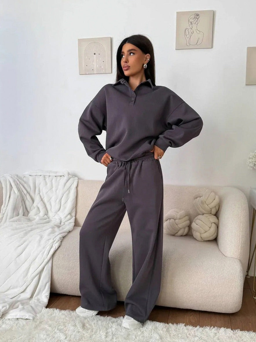 Fleece Collared Half Zip Wide Leg Two Piece Set