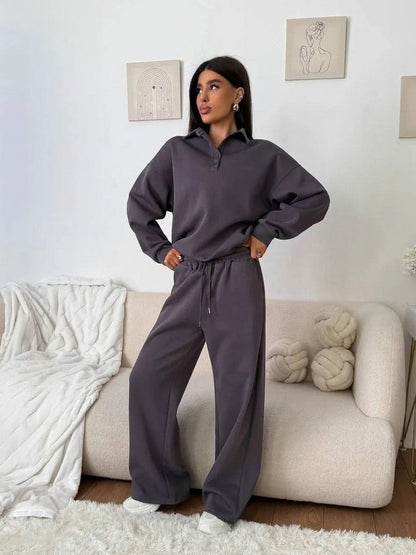 Fleece Collared Half Zip Wide Leg Two Piece Set