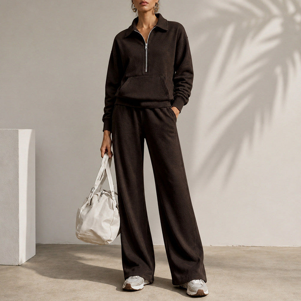 Fleece Half Zip Pouch Pocket Wide Leg Co Ord Set