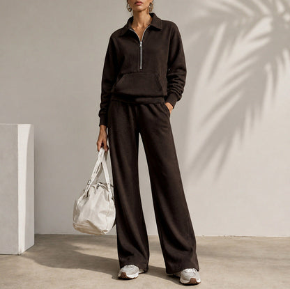 Fleece Half Zip Pouch Pocket Wide Leg Co Ord Set