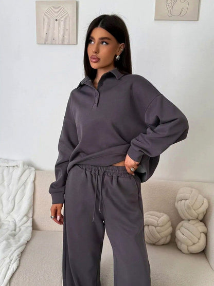 Fleece Collared Half Zip Wide Leg Two Piece Set