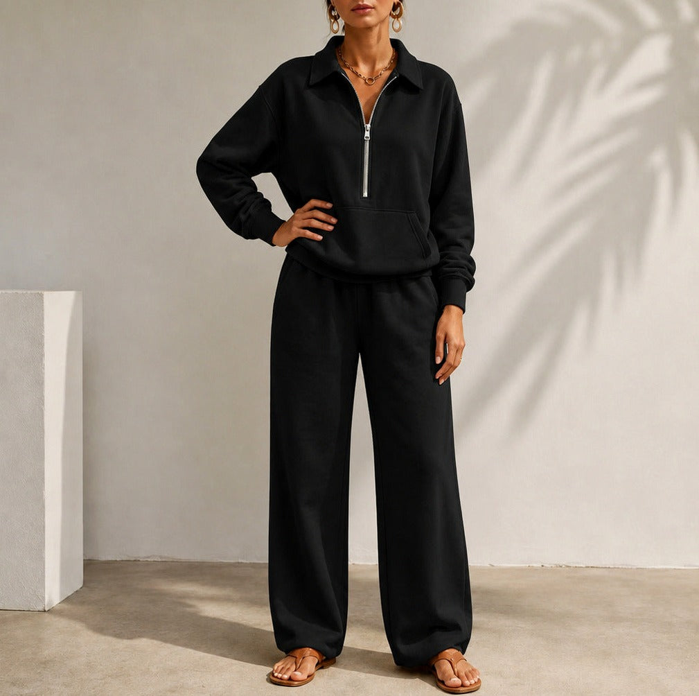 Fleece Half Zip Pouch Pocket Wide Leg Co Ord Set