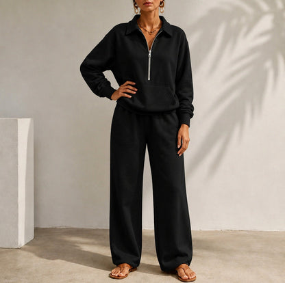 Fleece Half Zip Pouch Pocket Wide Leg Co Ord Set