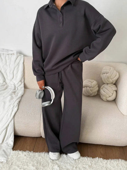 Fleece Collared Half Zip Wide Leg Two Piece Set