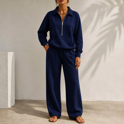 Fleece Half Zip Pouch Pocket Wide Leg Co Ord Set