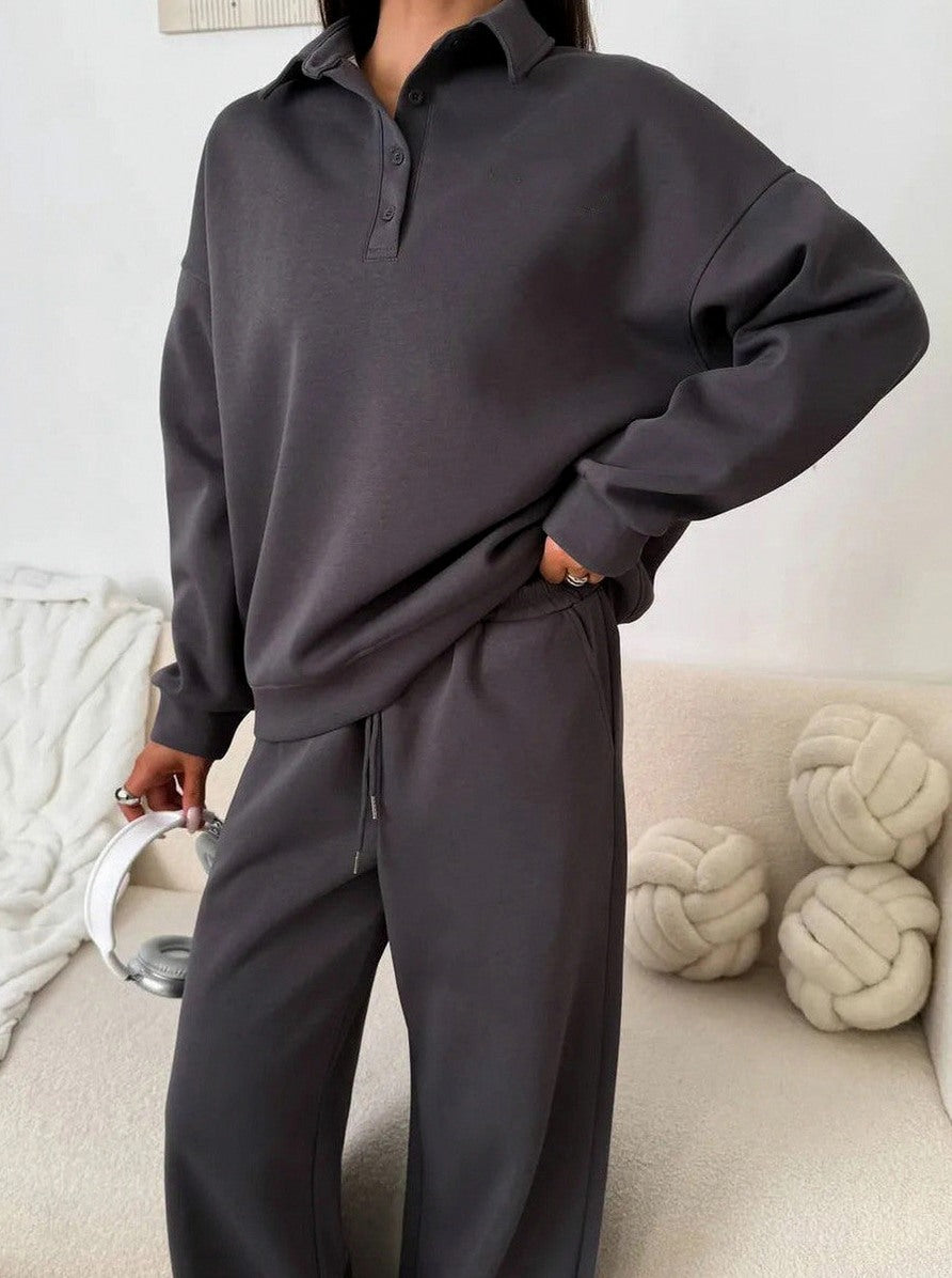 Fleece Collared Half Zip Wide Leg Two Piece Set