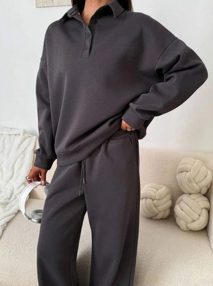Fleece Collared Half Zip Wide Leg Two Piece Set