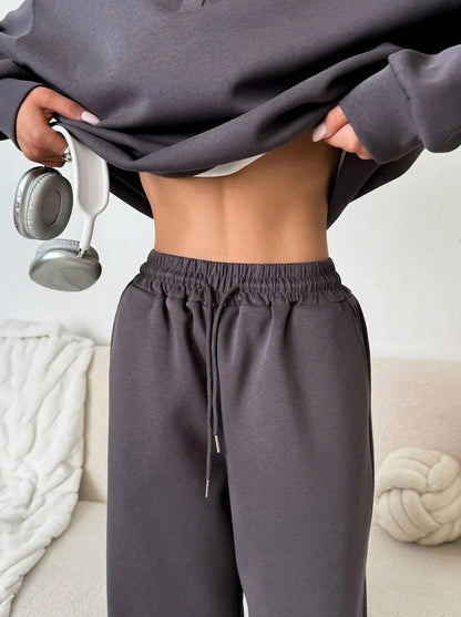 Fleece Collared Half Zip Wide Leg Two Piece Set