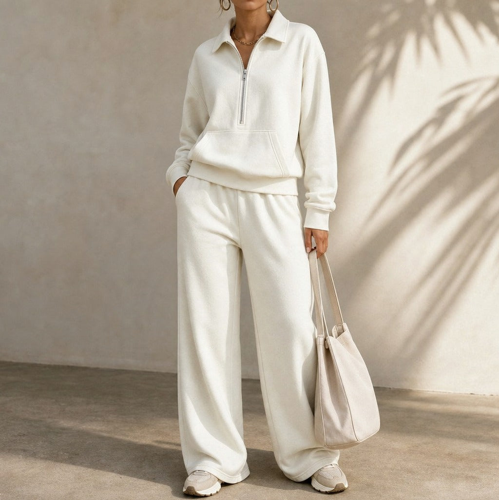 Fleece Half Zip Pouch Pocket Wide Leg Co Ord Set