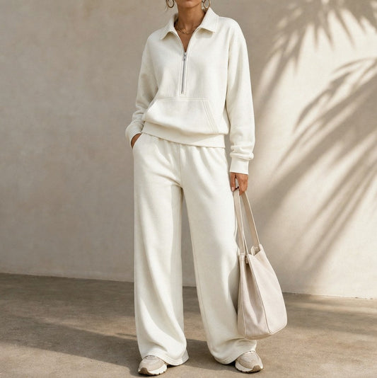 Fleece Half Zip Pouch Pocket Wide Leg Co Ord Set