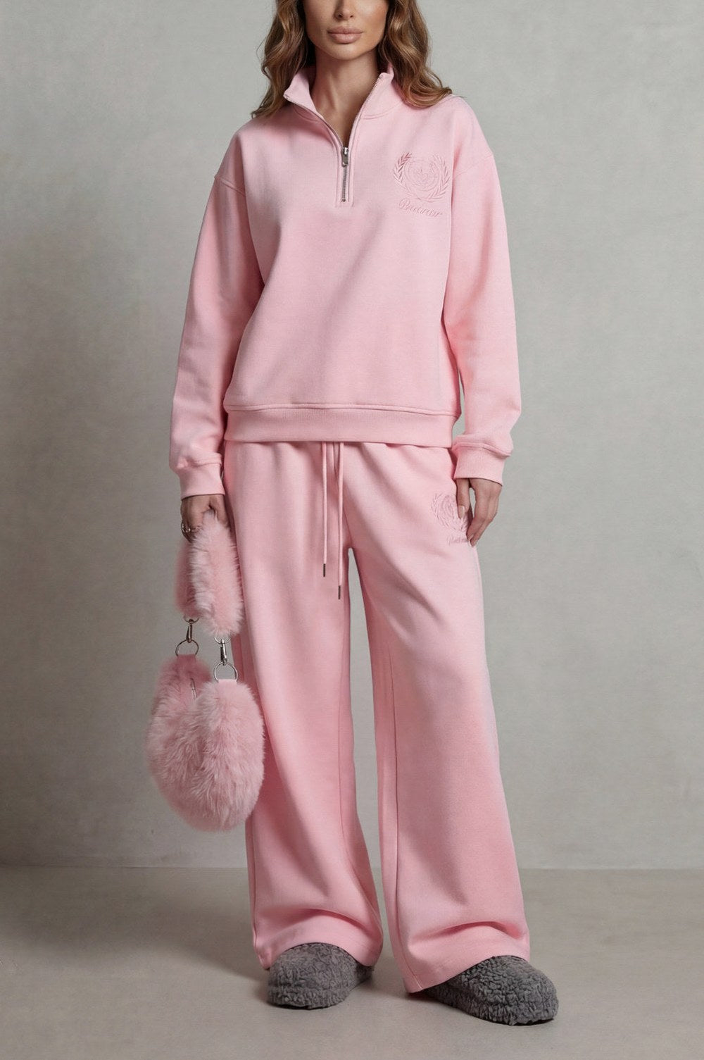 Fleece Funnel Neck Half Zip Long Sleeve Two Piece Set
