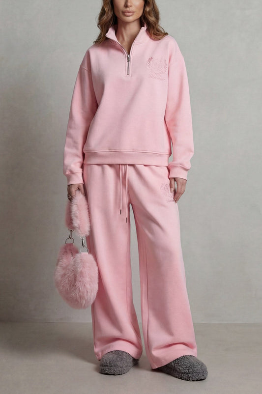 Fleece Funnel Neck Half Zip Long Sleeve Two Piece Set