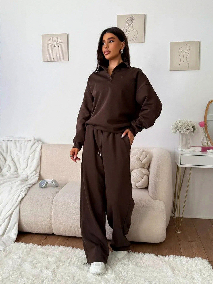 Fleece Collared Half Zip Wide Leg Two Piece Set