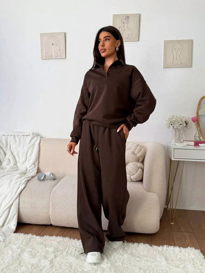 Fleece Collared Half Zip Wide Leg Two Piece Set