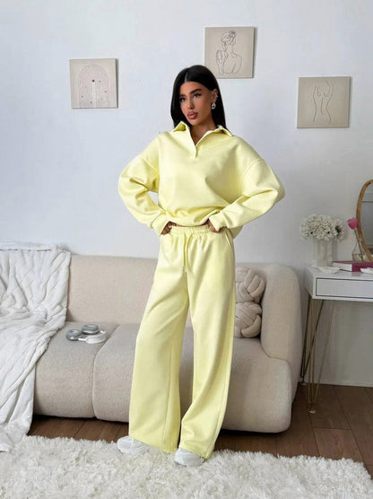 Fleece Collared Half Zip Wide Leg Two Piece Set