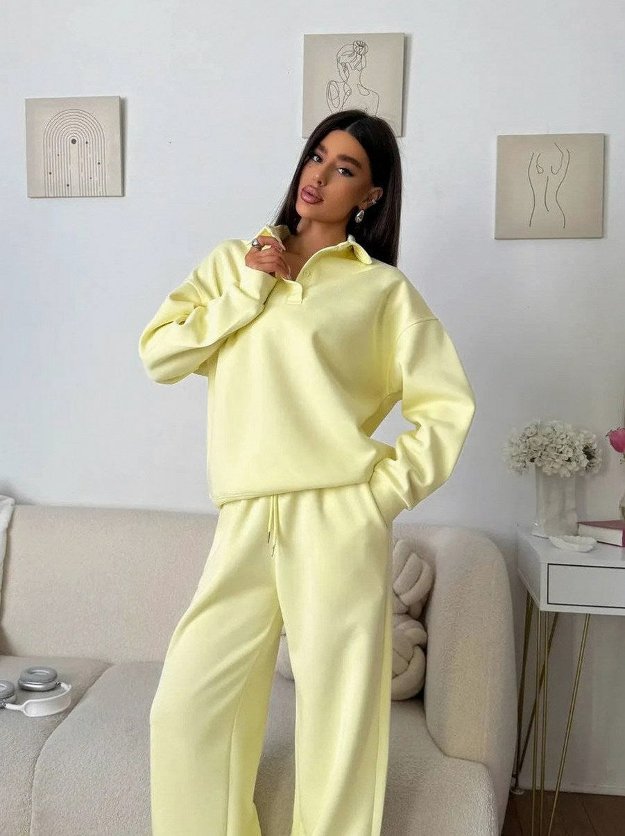 Fleece Collared Half Zip Wide Leg Two Piece Set