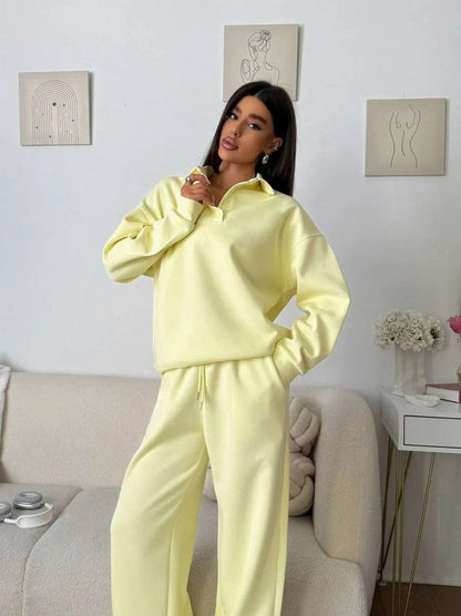 Fleece Collared Half Zip Wide Leg Two Piece Set