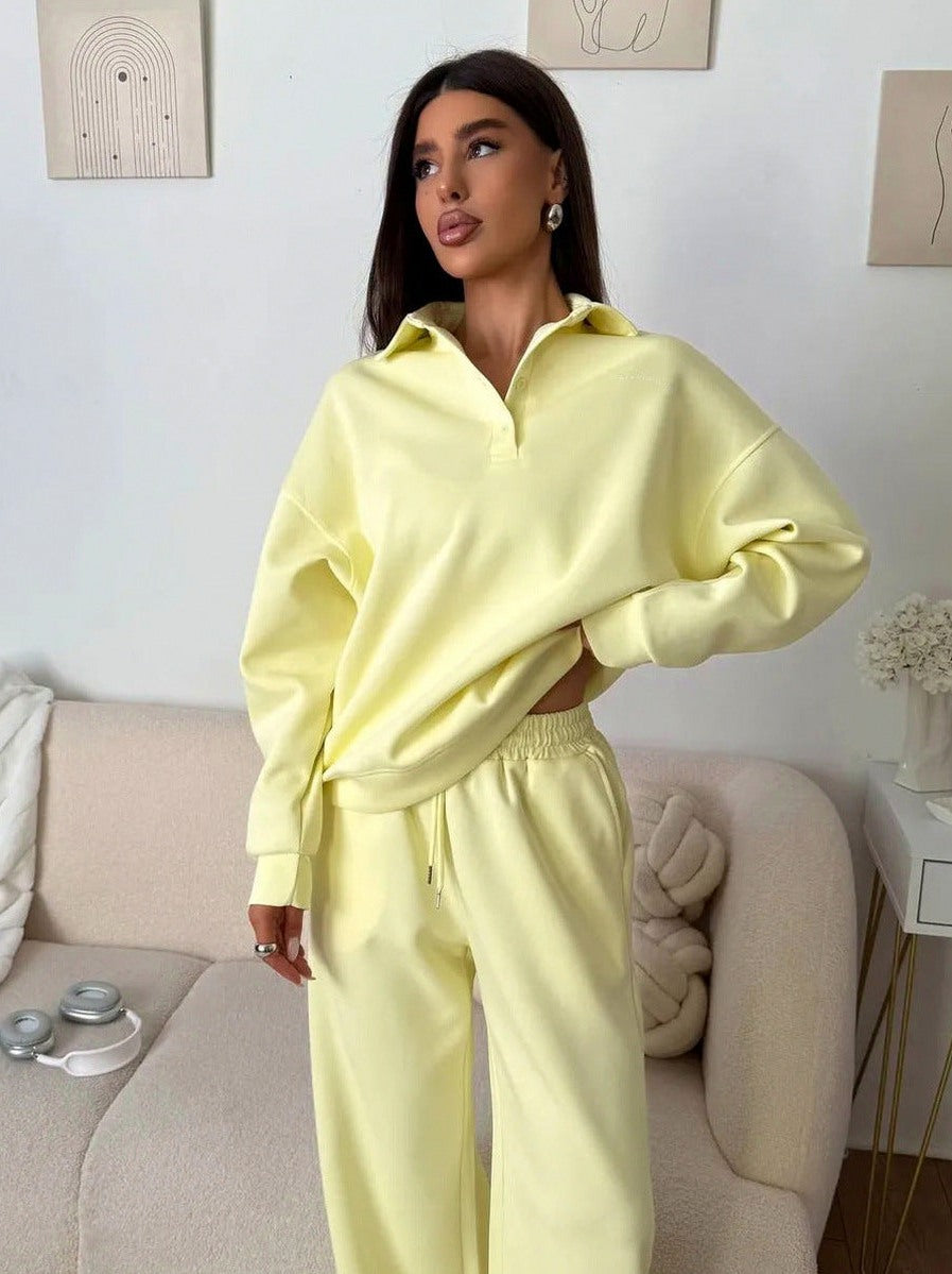 Fleece Collared Half Zip Wide Leg Two Piece Set