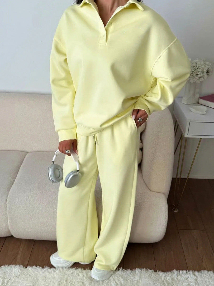 Fleece Collared Half Zip Wide Leg Two Piece Set
