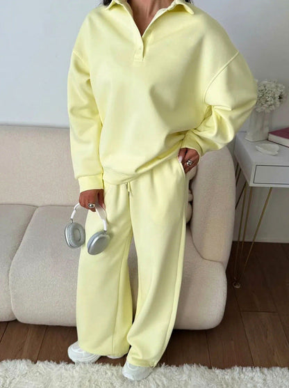 Fleece Collared Half Zip Wide Leg Two Piece Set