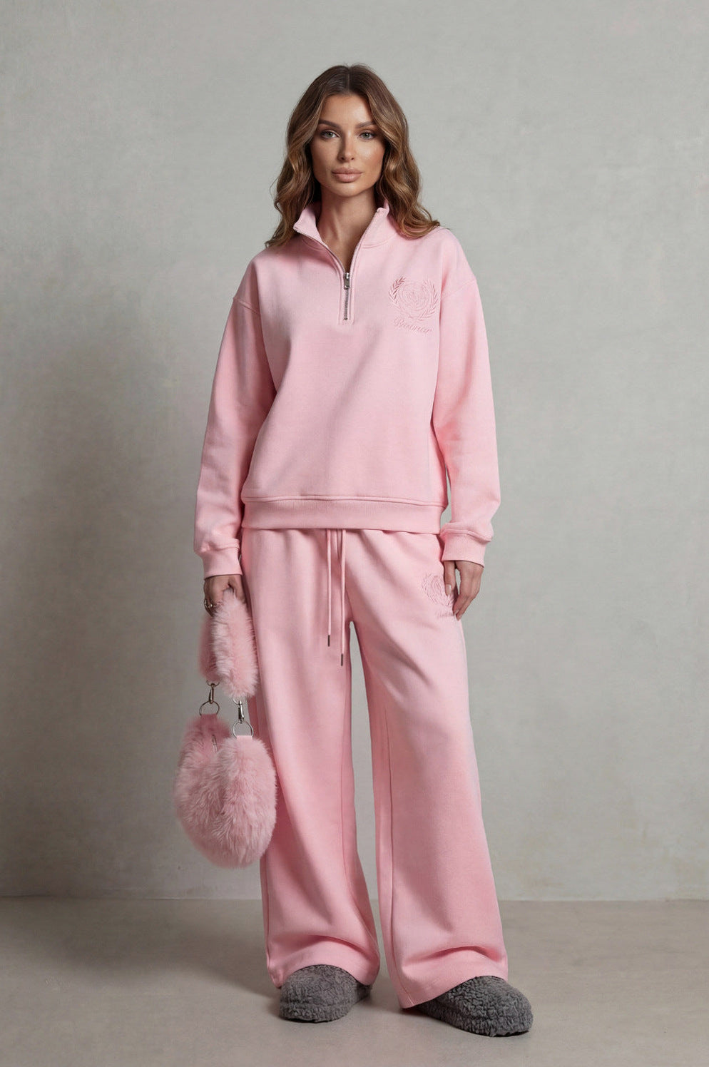Fleece Funnel Neck Half Zip Long Sleeve Two Piece Set