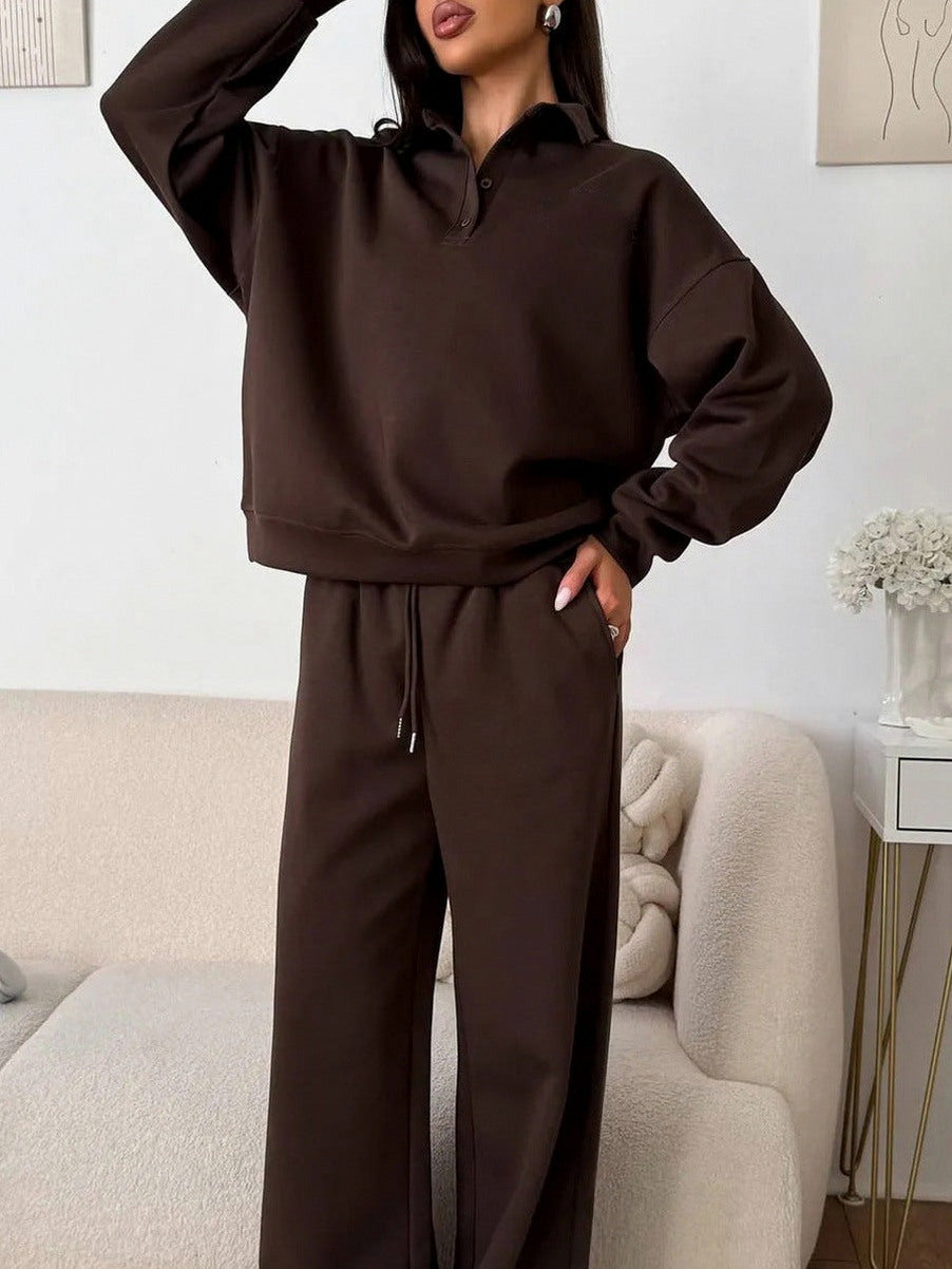 Fleece Collared Half Zip Wide Leg Two Piece Set