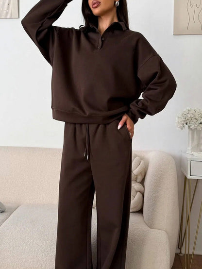 Fleece Collared Half Zip Wide Leg Two Piece Set