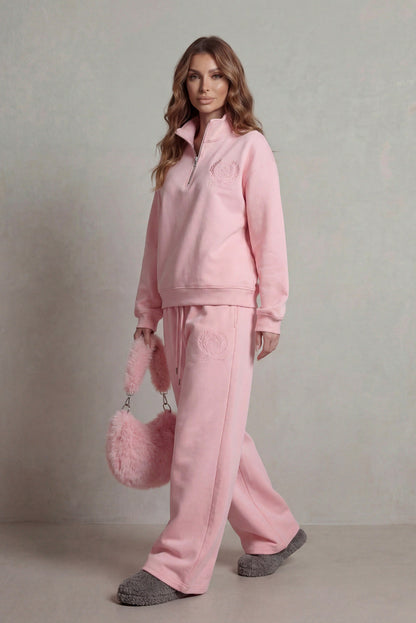 Fleece Funnel Neck Half Zip Long Sleeve Two Piece Set