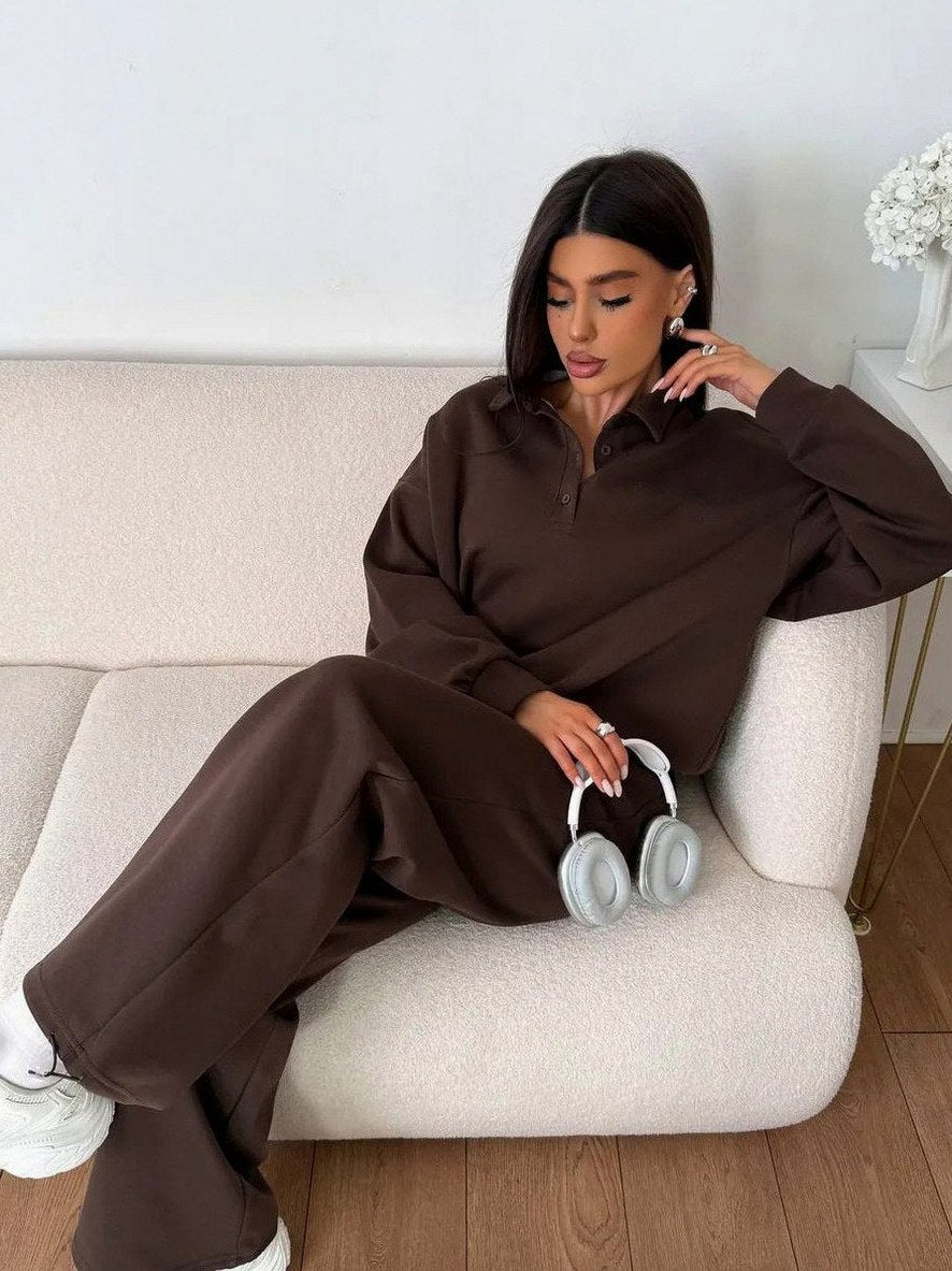 Fleece Collared Half Zip Wide Leg Two Piece Set