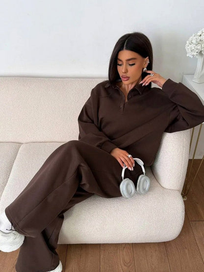 Fleece Collared Half Zip Wide Leg Two Piece Set
