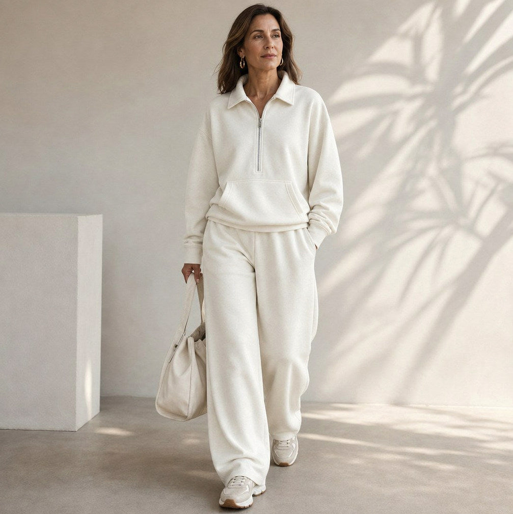 Fleece Half Zip Pouch Pocket Wide Leg Co Ord Set