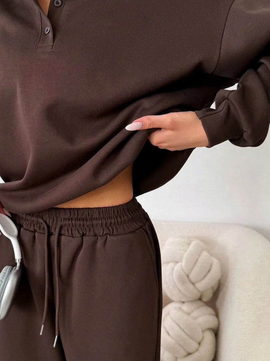 Fleece Collared Half Zip Wide Leg Two Piece Set