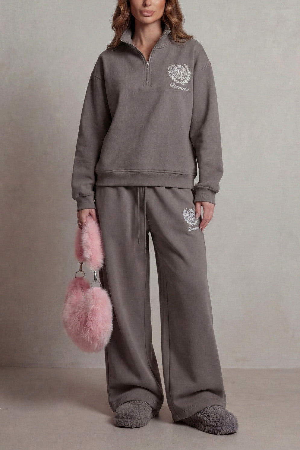 Fleece Funnel Neck Half Zip Long Sleeve Two Piece Set