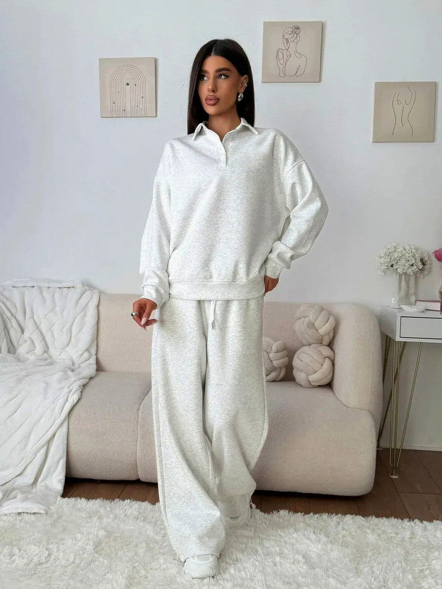 Fleece Collared Half Zip Wide Leg Two Piece Set
