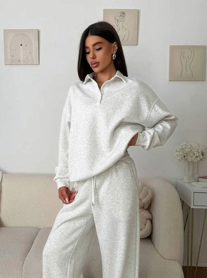 Fleece Collared Half Zip Wide Leg Two Piece Set