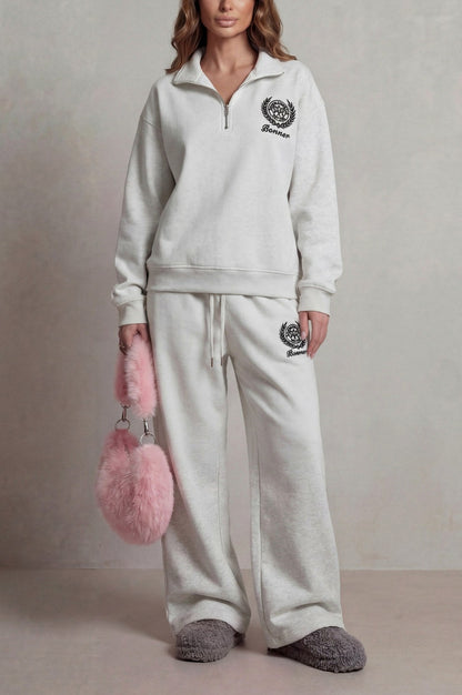 Fleece Funnel Neck Half Zip Long Sleeve Two Piece Set