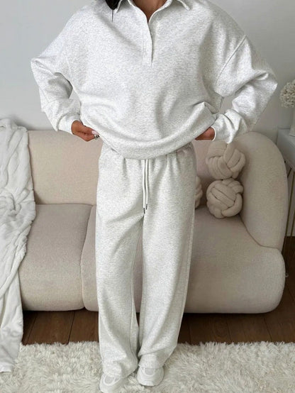 Fleece Collared Half Zip Wide Leg Two Piece Set