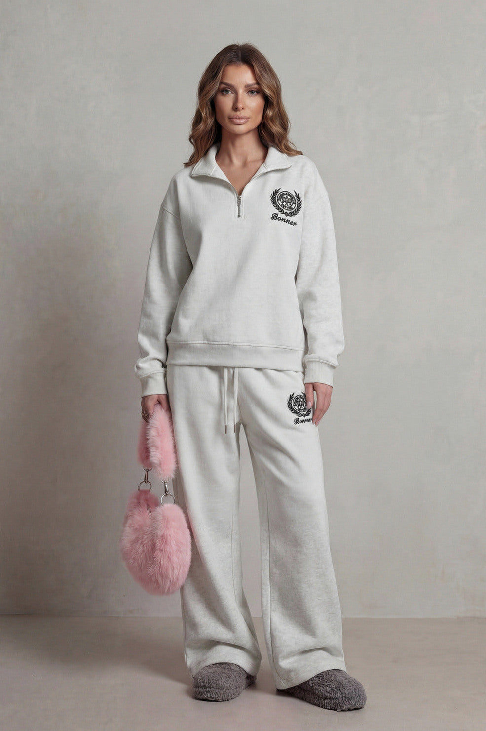 Fleece Funnel Neck Half Zip Long Sleeve Two Piece Set