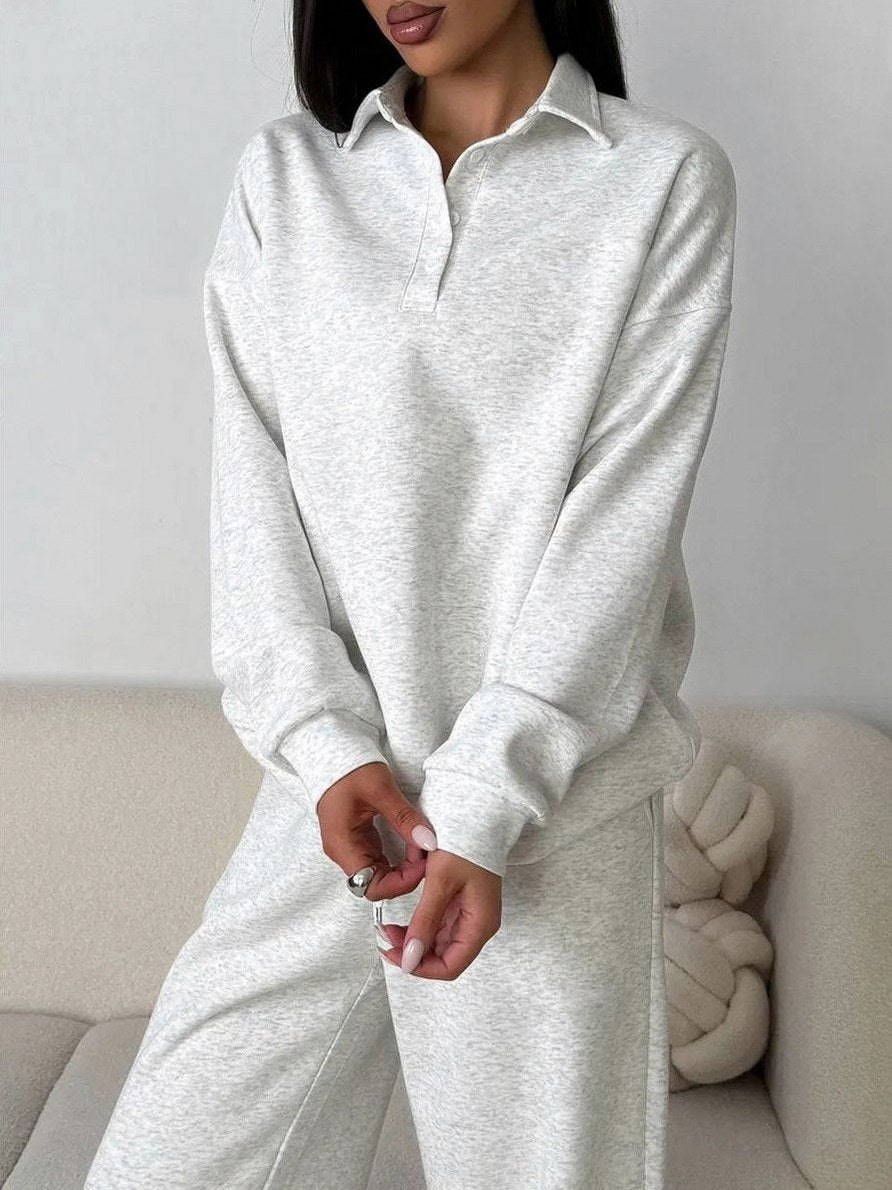 Fleece Collared Half Zip Wide Leg Two Piece Set