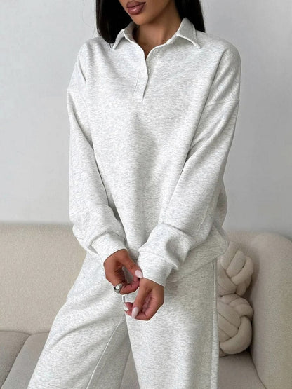 Fleece Collared Half Zip Wide Leg Two Piece Set