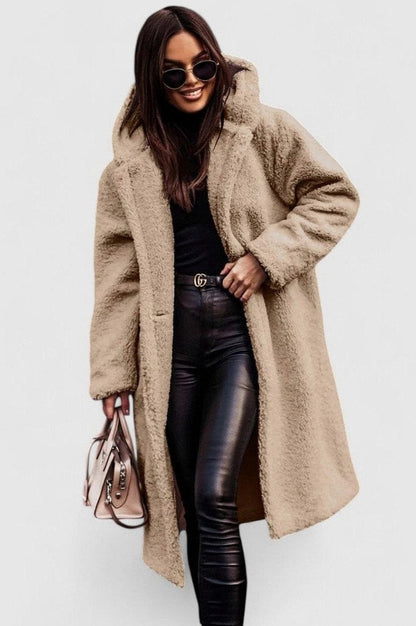 Fleece Long Sleeve Hooded Midi Coat