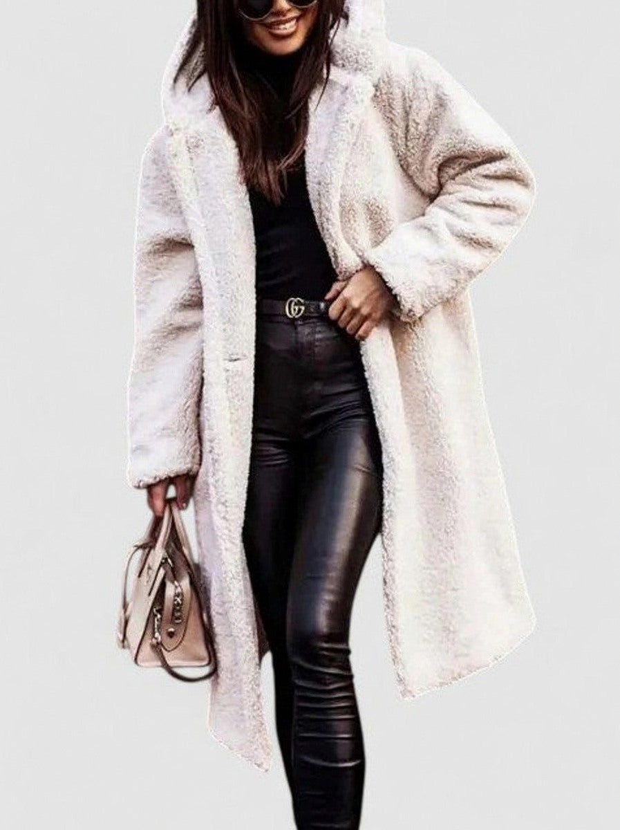 Fleece Long Sleeve Hooded Midi Coat