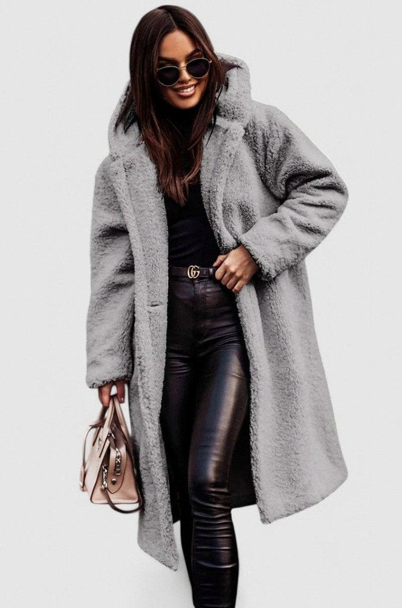 Fleece Long Sleeve Hooded Midi Coat