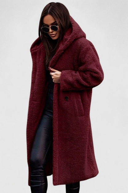 Fleece Long Sleeve Hooded Midi Coat