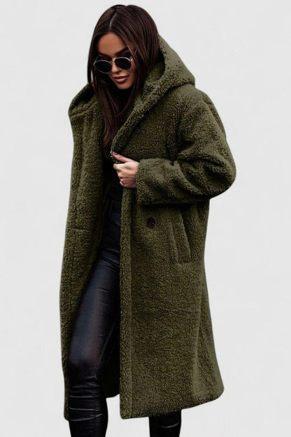 Fleece Long Sleeve Hooded Midi Coat