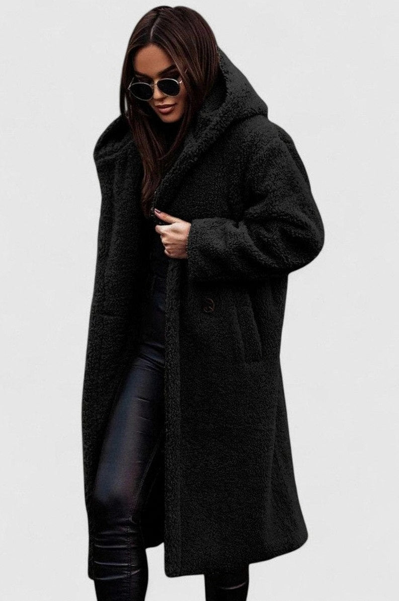 Fleece Long Sleeve Hooded Midi Coat