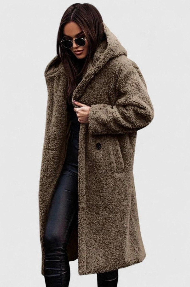 Fleece Long Sleeve Hooded Midi Coat