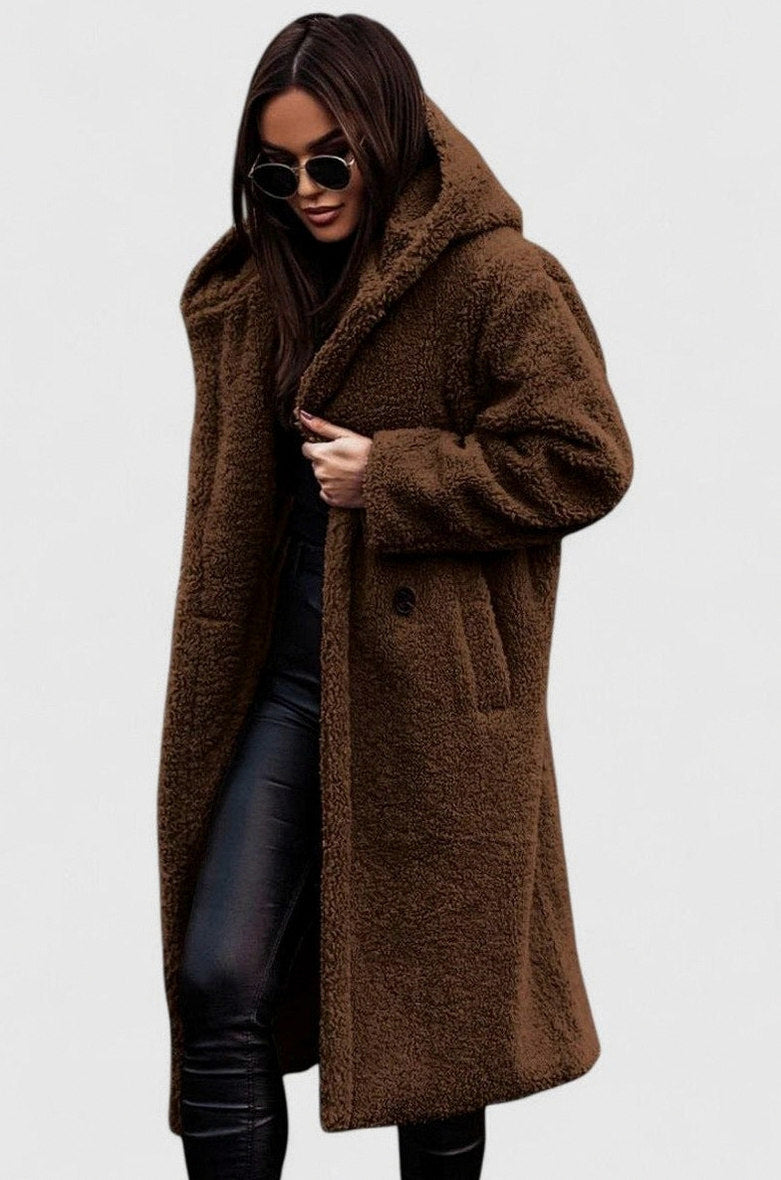 Fleece Long Sleeve Hooded Midi Coat