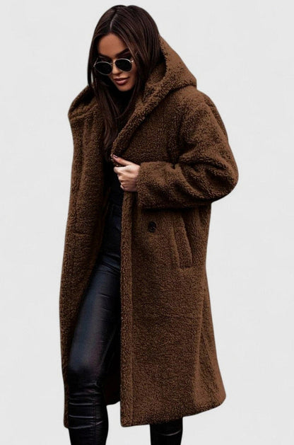 Fleece Long Sleeve Hooded Midi Coat