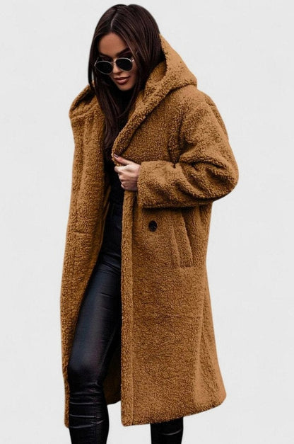 Fleece Long Sleeve Hooded Midi Coat